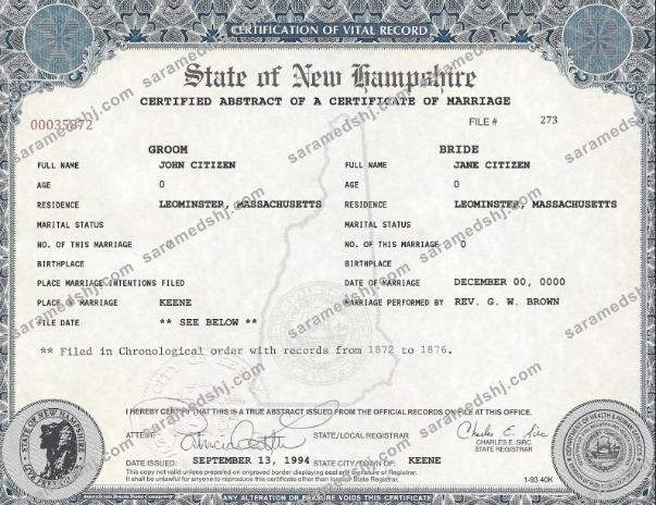 USA New Hampshire marriage cert